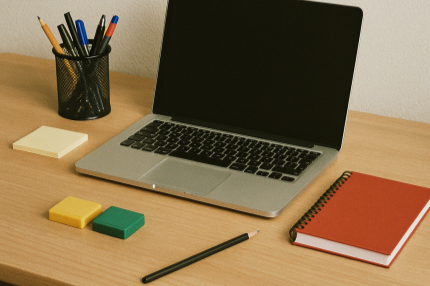 Organized home office desk with laptop, representing home office deduction for self-employed