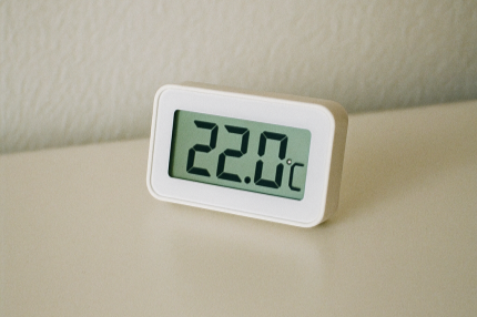 Digital thermometer displaying 22°C on a clean home office desk, ideal temperature for productivity